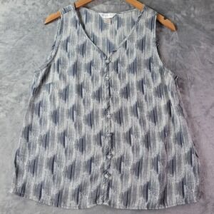 Christopher Banks Womens Petite M Blue White Sleeveless Button Tank Geometric